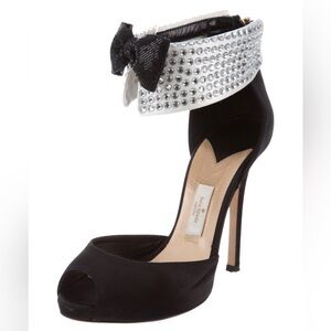 KATE SPADE BLACK TIE TUXEDO D’ORSAY BLACK SATIN RHINESTONE BOW HEELS SIZE 8